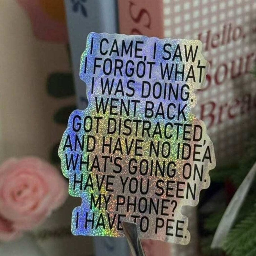 Funny Relatable Quote Sticker – "I Came, I Saw, I Forgot" (Holographic or Matte)